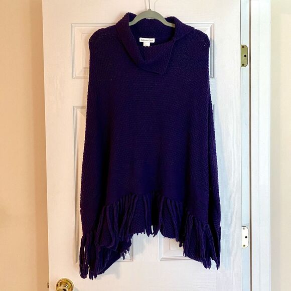 Coldwater Creek Womens Poncho Sweater Purple Fringe Wool Blend One Size - Picture 1 of 11